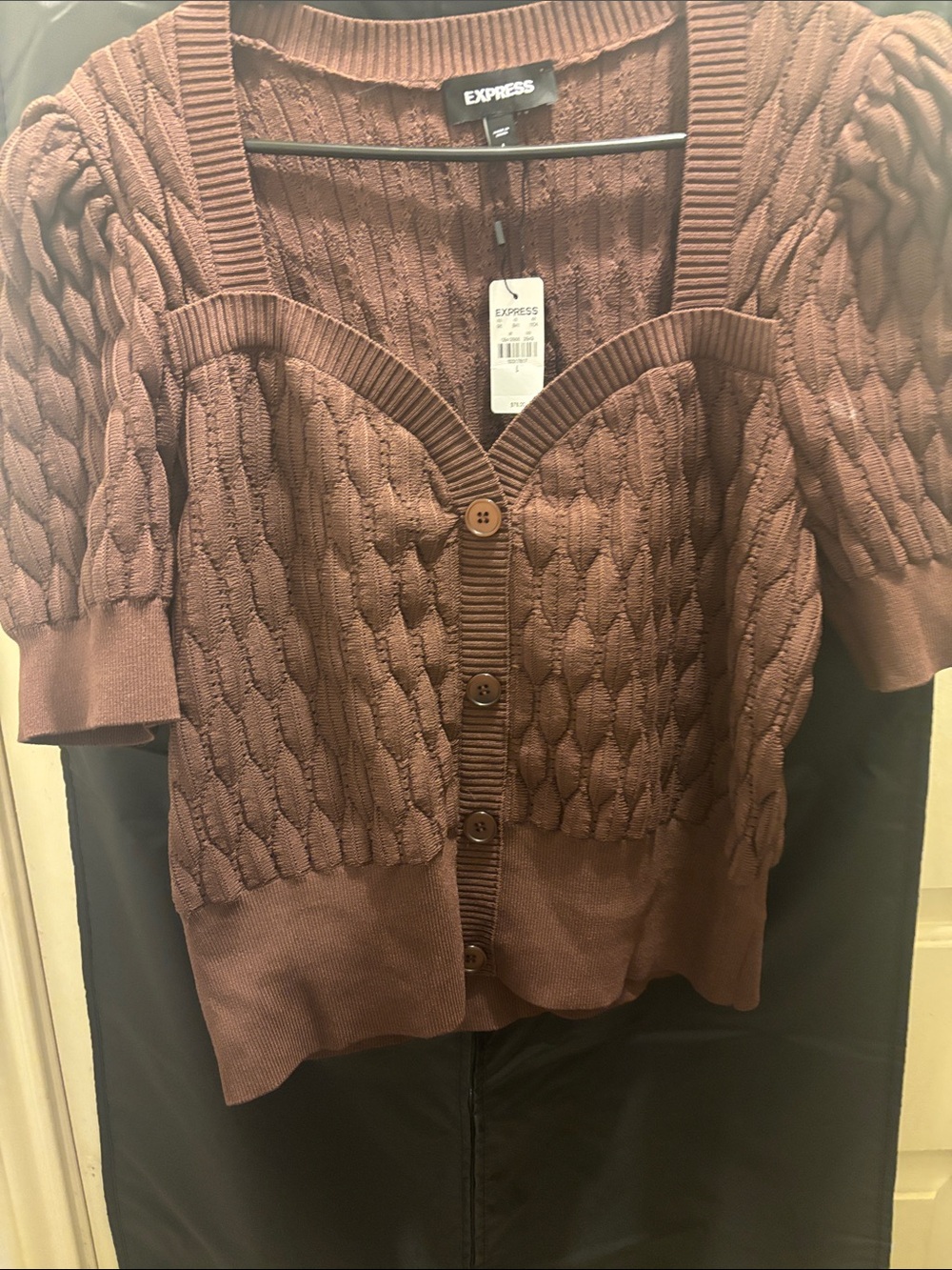 Express Short-Sleeve Cable Knit Cardigan in Brown
